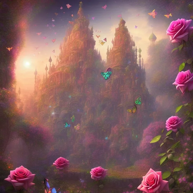 psychedelic giant roses and tiny flying butterflies and lost city in the background 3D mystic ambiance