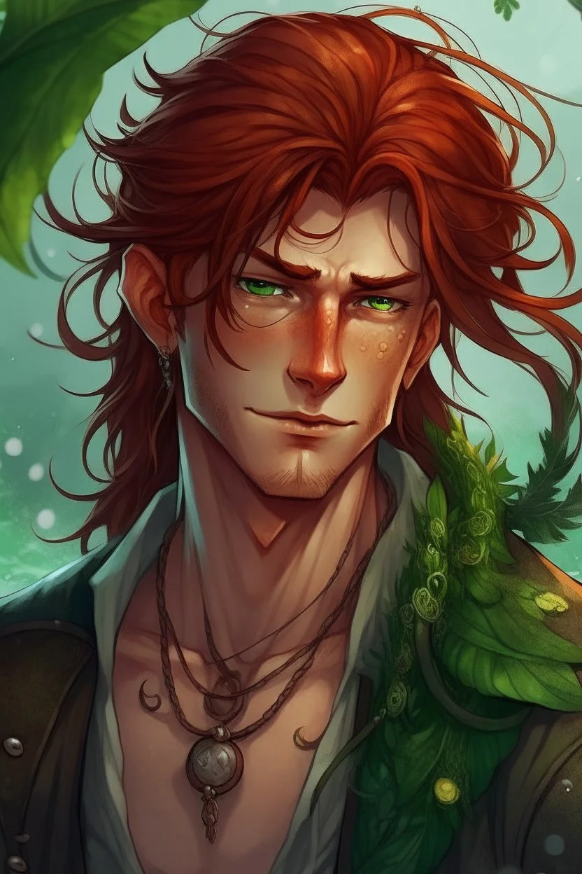 wet pirate nereid male with auburn hair and seaweed