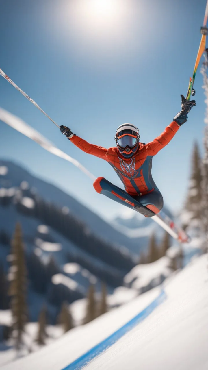 spider ski jumping with skies, bokeh like f/0.8, tilt-shift lens 8k, high detail, smooth render, down-light, unreal engine, prize winning