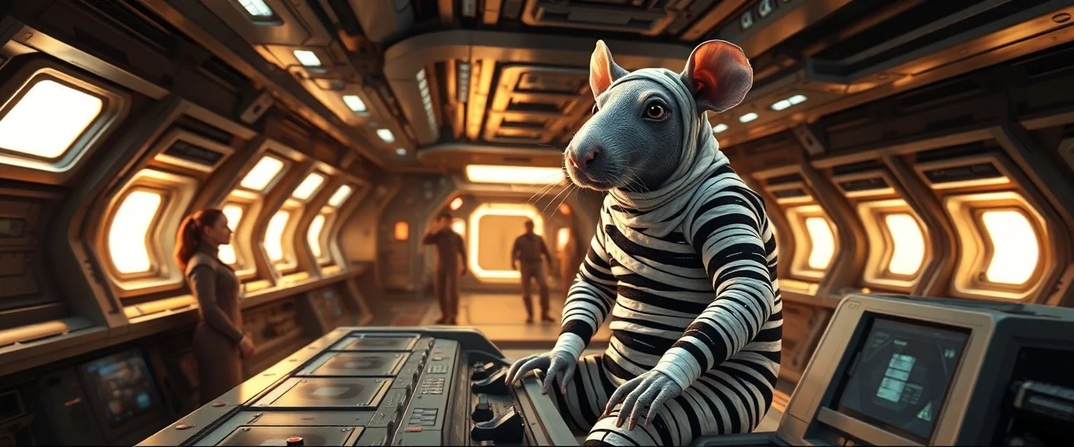 9️⃣ Crew Euphoria "Inside spaceship bridge and hallways. Crew visibly relaxed and productive. Giant mummy rat in prisoner black and white suit, sits confidently on console, alert but calm, bandages clean, eyes intelligent and sly. Stasis rat pod subtly visible. Warm, dramatic lighting, realistic textures, mood calm triumph and satisfaction."