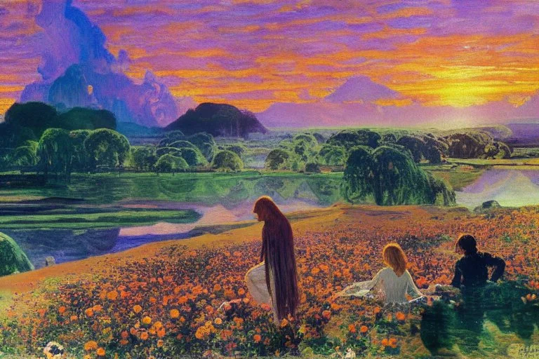 Beautiful epic sunset, logan's run 1976 movie influence, cosmic, people, rocks, holiday influence, river, flowers, very epic and philosophic, walter leistikow, alfred munnings, and hans am ende impressionism paintings