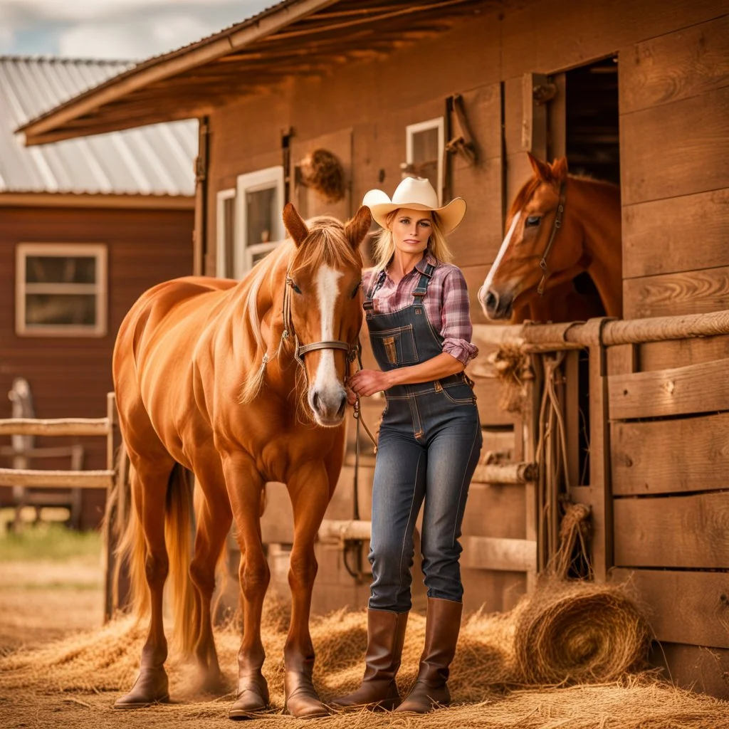 Beautiful blonde female farmer on a horse farm in Texas wearing tight denim overalls and wearing cowboy boots holding a horse's front leg and shoeing a hoof, surrounded by a wooden fence yard and bales of hay and hay, in the background of a typical ranch house