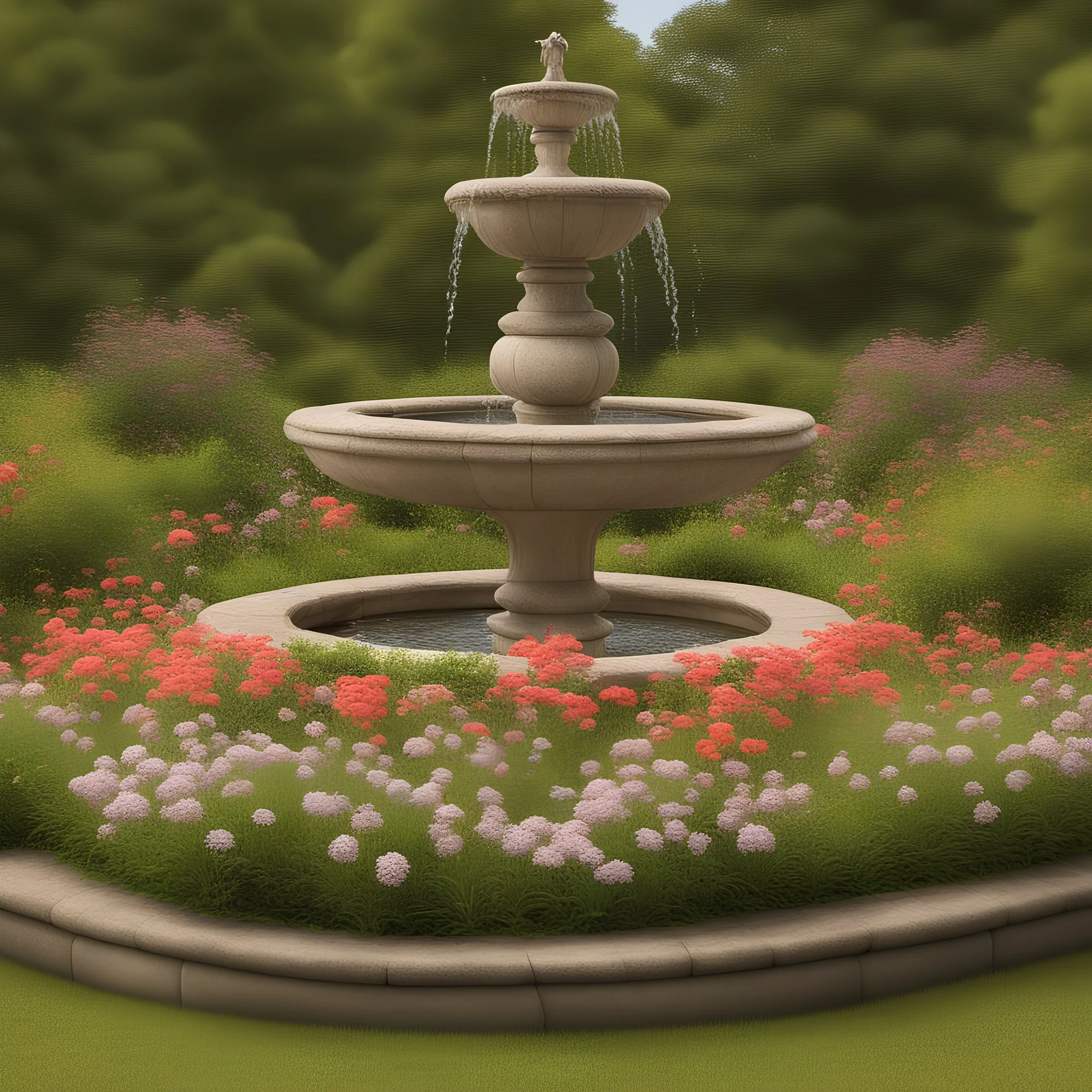 A beautiful flower garden with a stone fountain in the middle