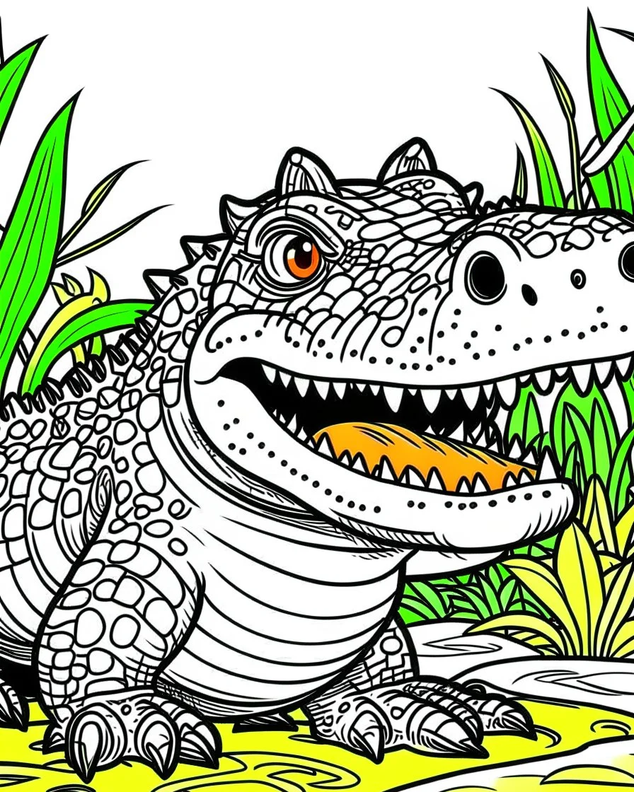 create a 2d black outline, "safari smiling cartoon crocodile coloring book for toddlers", coloring page, low details design, black contour, coloring page design, simple background, colorful , card style, coloring page for kids, white background, sketch style, safari landscape, cartoon style