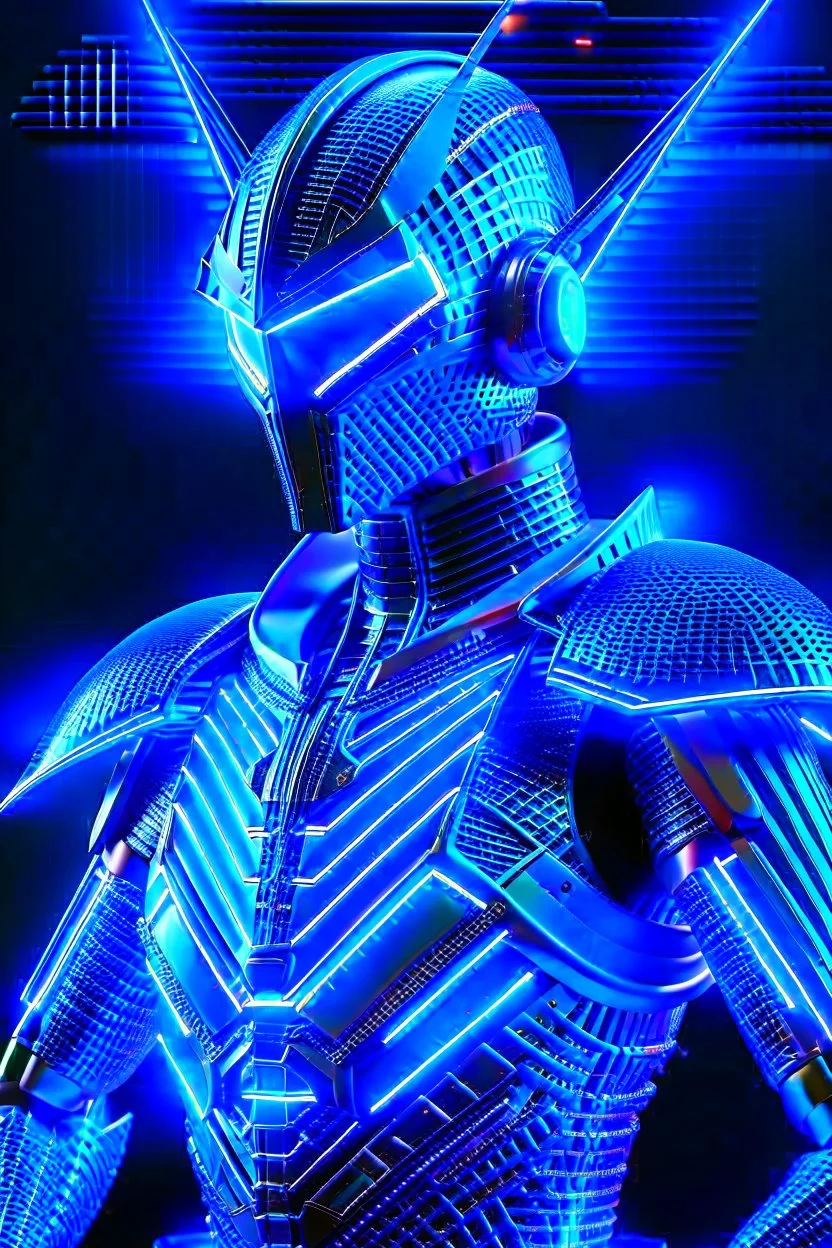 neon blue, flying parts of armor in form of triangles, cyber armor, geometric patterns on armor, male, orbiting triangle