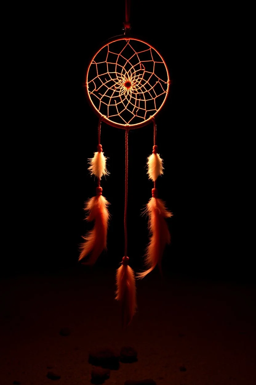 a dreamcatcher made of light, natural red tones, brown dirt ground long bottom, dark background