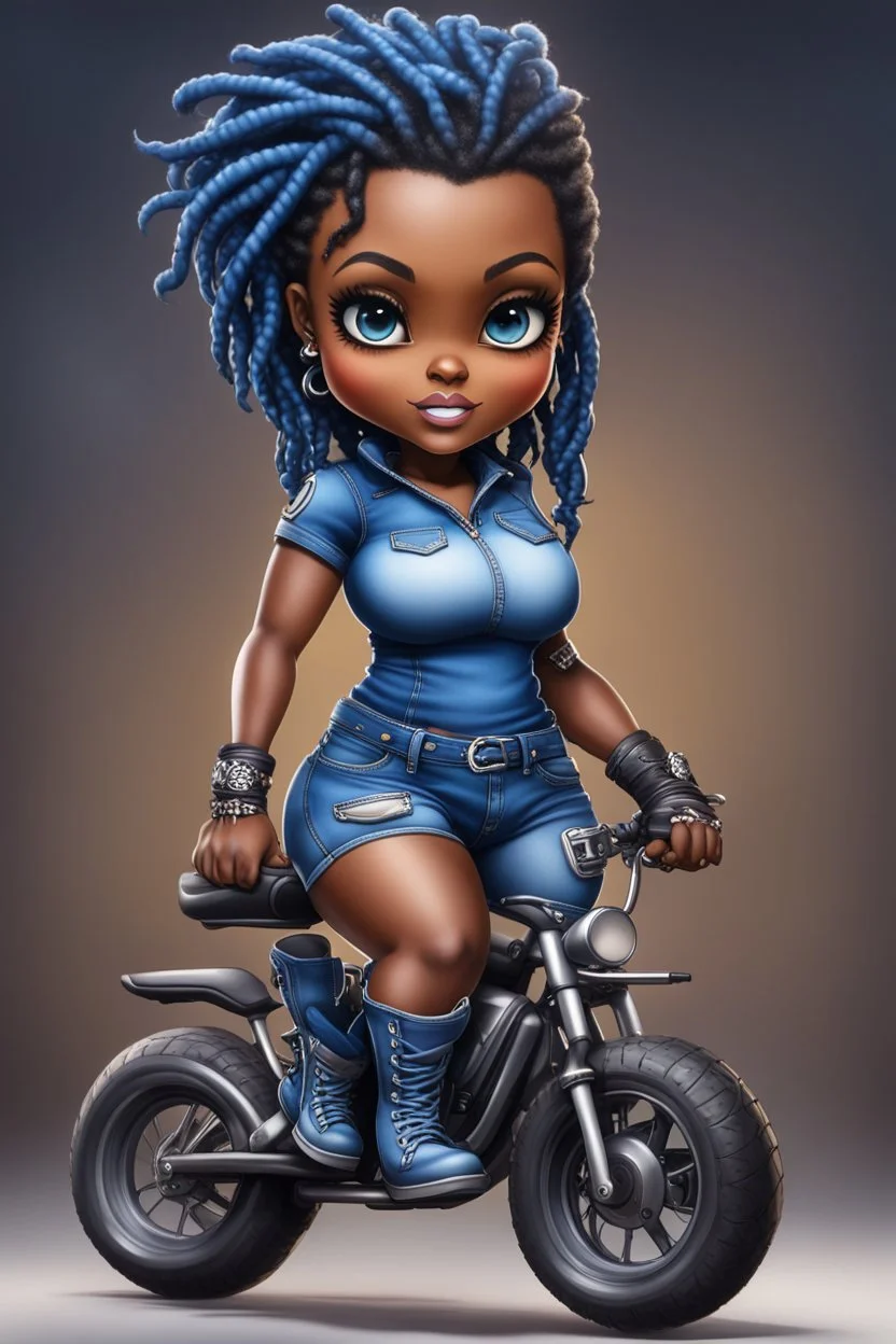 create an airbrush illustration of a chibi cartoon voluptuous black female wearing a blue jean outfit with biker boots. Prominent make up with hazel eyes. Extremely highly detail of a twisted dreadlocks. Background of a bike show.