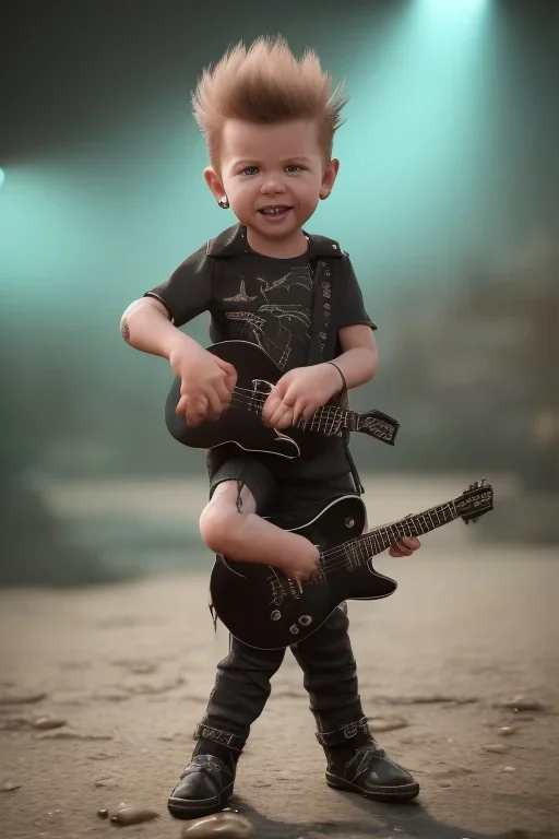 James hetfield toddler, full body, playing guitar, black leather wearing, bokeh, hyper realistic