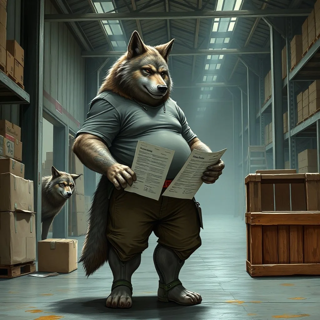 a fat anthropomorphic wolf-man wearing t-shirt pants and red belt around his waist looking at several item lists in his paws in a large warehouse, around some boxes and wooden crate, an another anthropomorphic wolf-man just half visible in the doorway as he looks at him, detailed, realistic, sci-fi, anthro mood, fantasy