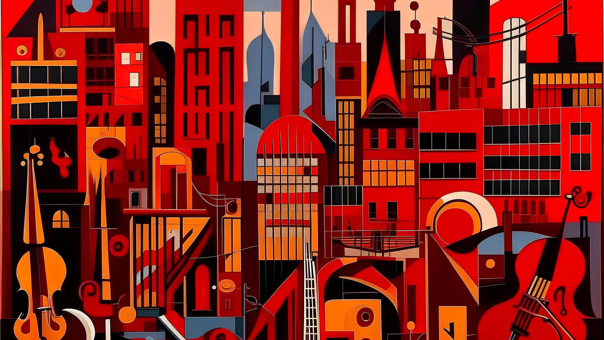 A dark red city made out of jazz instruments painted by Stuart Davis