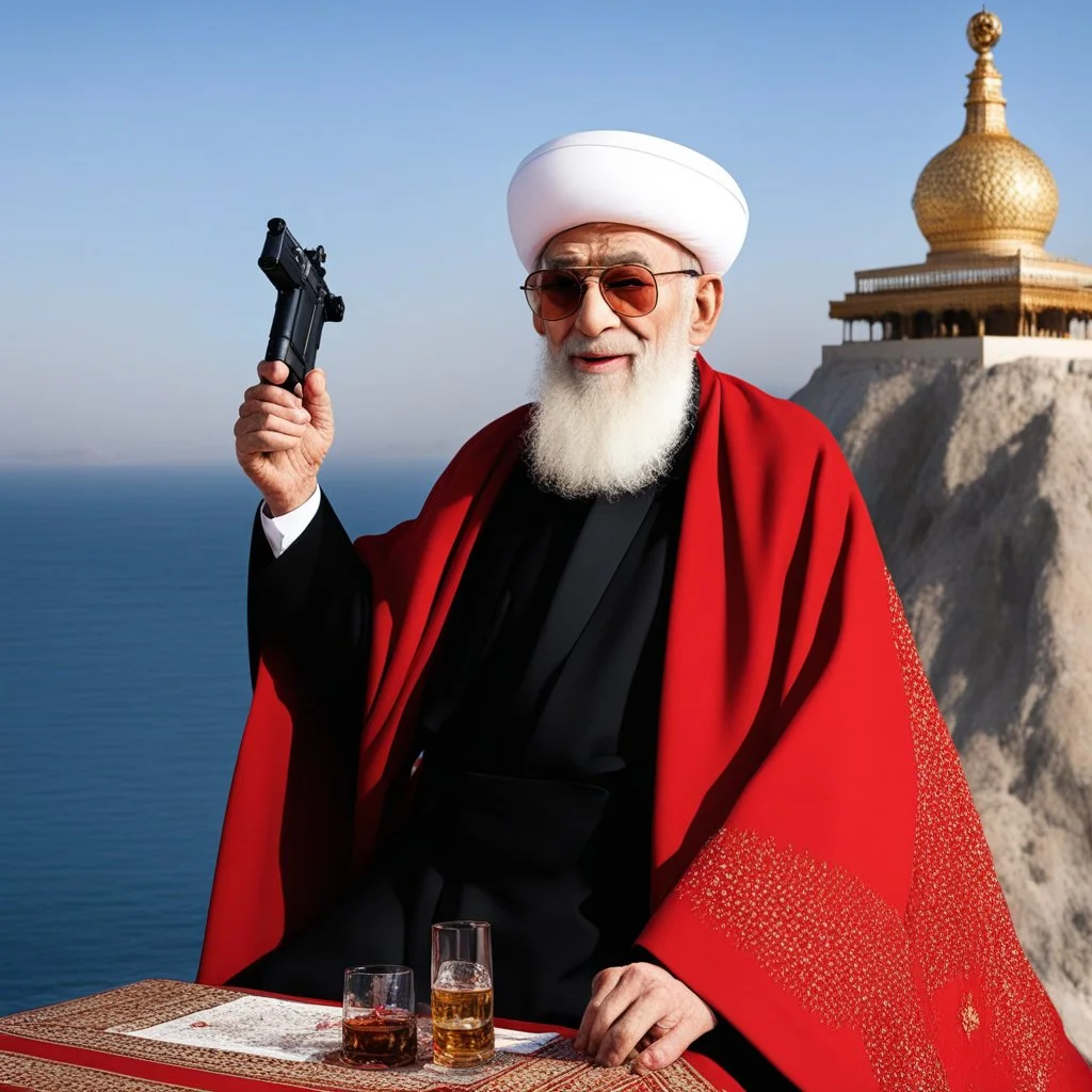 the Grand Ayatollah Ali Khamenei has a red nose the biggest gun and a glass of whisky over the strait of Ormuz (A Better Tomorrow, The Killer, Hard-Boiled) he takes it from under his robe