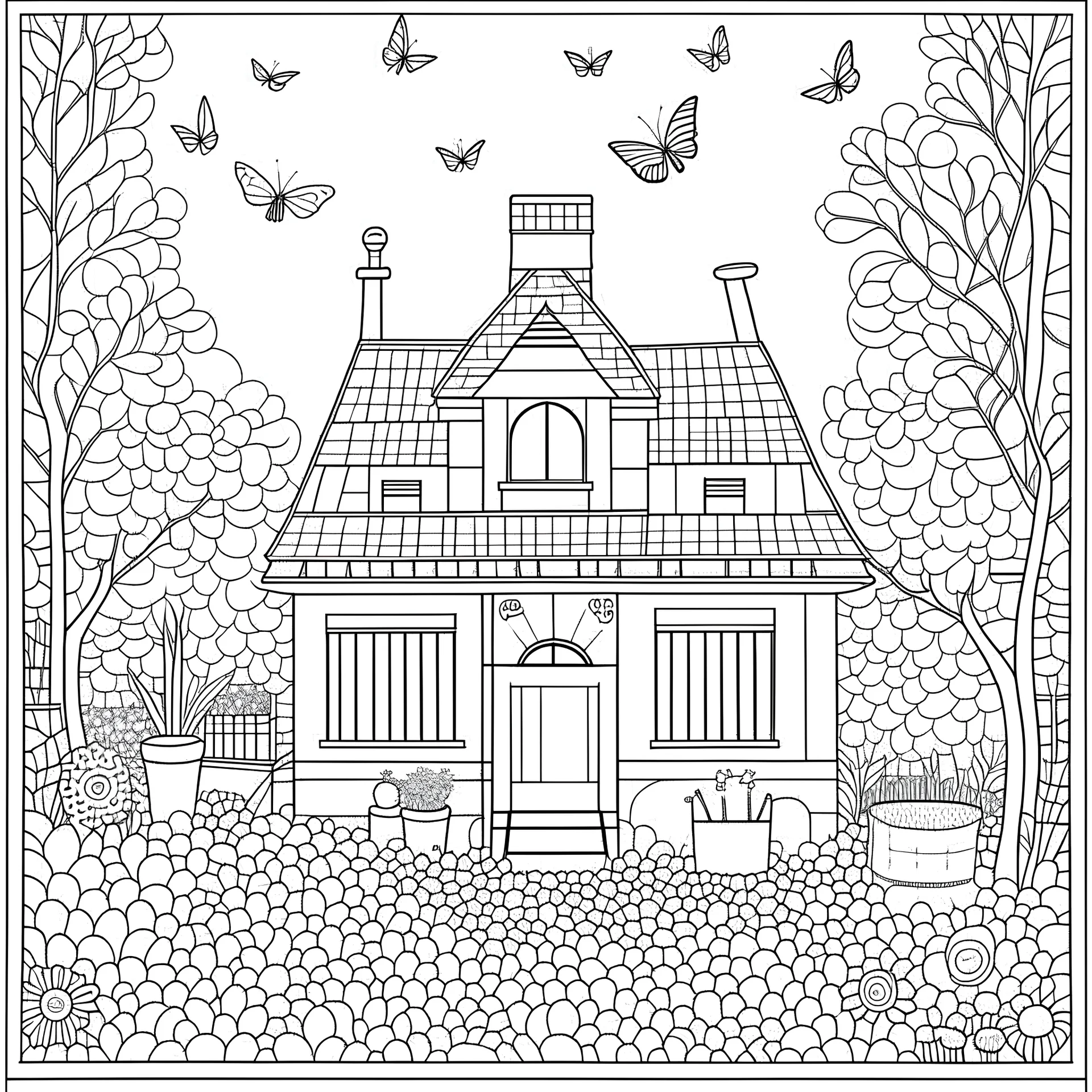 GARDEN HOUSE, "Garden House Harmony: Create a masterpiece with a symphony.", full view, realistic, coloring page, only draw lines, coloring book, clean line art, wildlife-inspired, kid style, –no sketch, color, –ar 3:4, white background, minimalistic black lines, 8k, minimal black color, low level black colors, coloring page, use pure black and white colors, avoid thick black colors, thin black line art, avoid colors, perfect shape, perfect clear lines, clear edges,