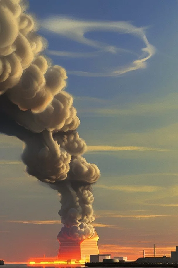 a nuke power plant with a lot of smoke in the sky by the river and show many dead fish and some animals are dead j