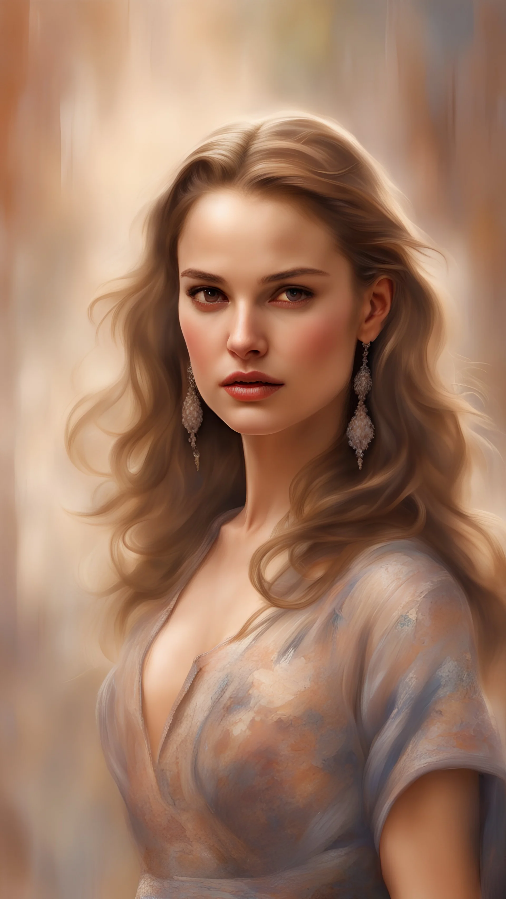 Natalie Portman style, a perfectly beautiful figure, a light lipstick, a round big chest, stand upright and look straight ahead, a semi-realistic image, beautifull face, beautifull look, impressionist style Razumov Style, detailed clothing, beautiful face, intricate artwork masterpiece, high quality model