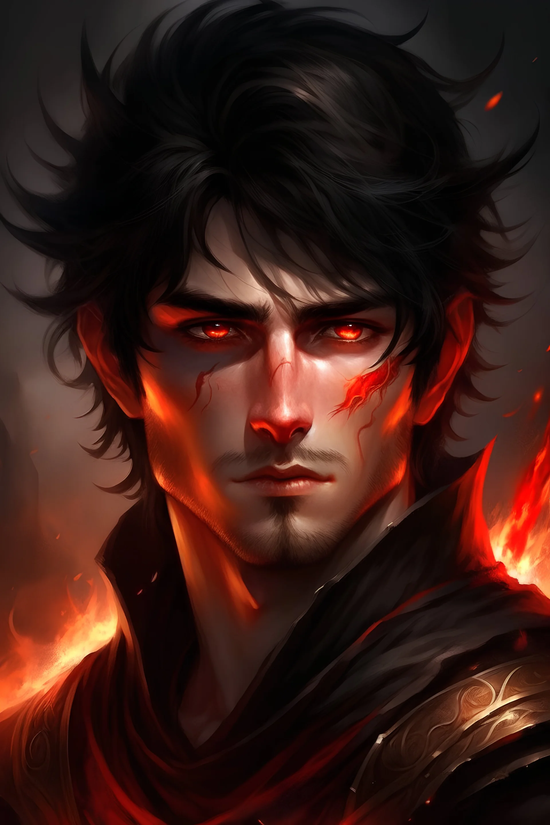 A young striking fantasy Lord Of The Rings like man with black messy hair and short beard, exuding an air of fierceness. His fiery red eyes hint at mystery and intelligence.