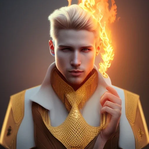 Male, Human, Blond, Sorcerer, Fire Mage, Golden Eyes, Young, Photorealism, Full Body Shot, Forest Background