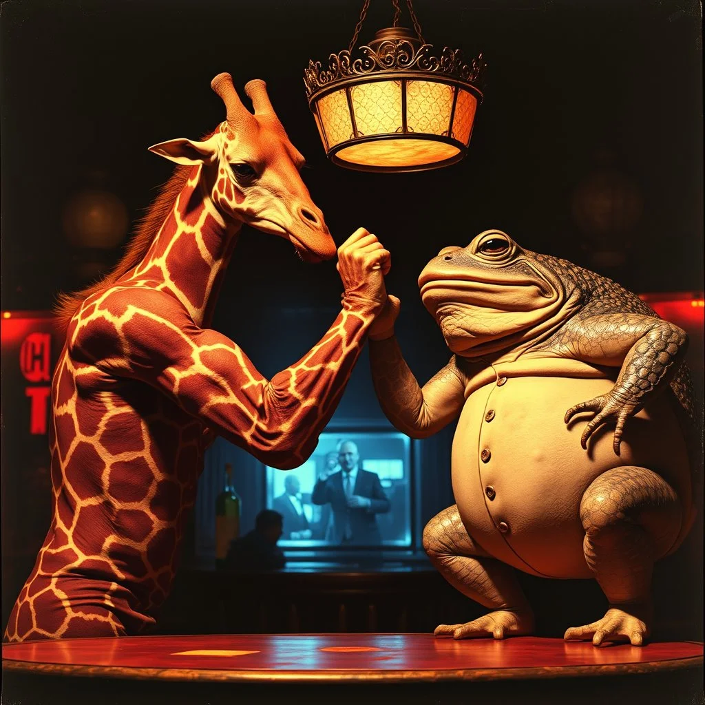 oddball hallucination, anthropomorphic muscular giraffe in a raunchy bar arm-wrestling contest with a colossal obese anthropomorphic bipedal toad, evolutionary mistakes, surreal, sinister, profound, dramatic, creepy, grainy photograph, "Over the Top" movie aesthetic,