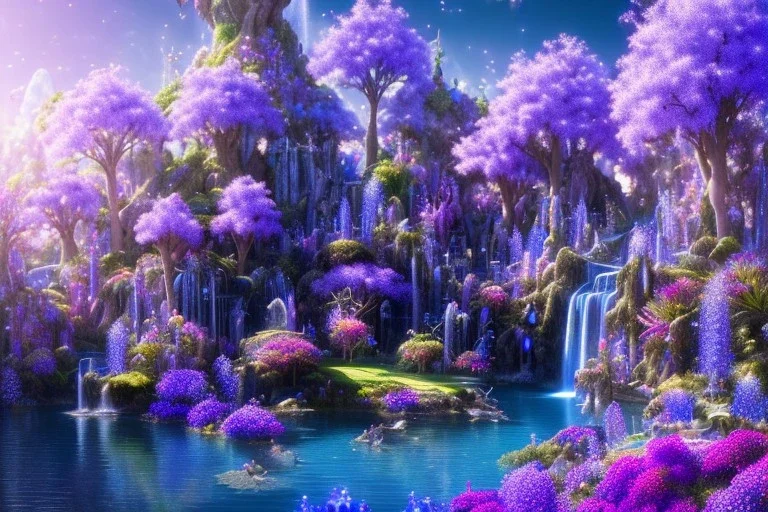 luminous blue crystal castle, sun,swanns,waterfall, BLUE LAKE, SWANNs,blue bugainvillier flowers, jacaranda violet trees, sky pink blue, full of details, smooth, bright sunshine，soft light atmosphere, light effect，vaporwave colorful, concept art, smooth, extremely sharp detail, finely tuned detail, ultra high definition, 8 k, unreal engine 5, ultra sharp focus