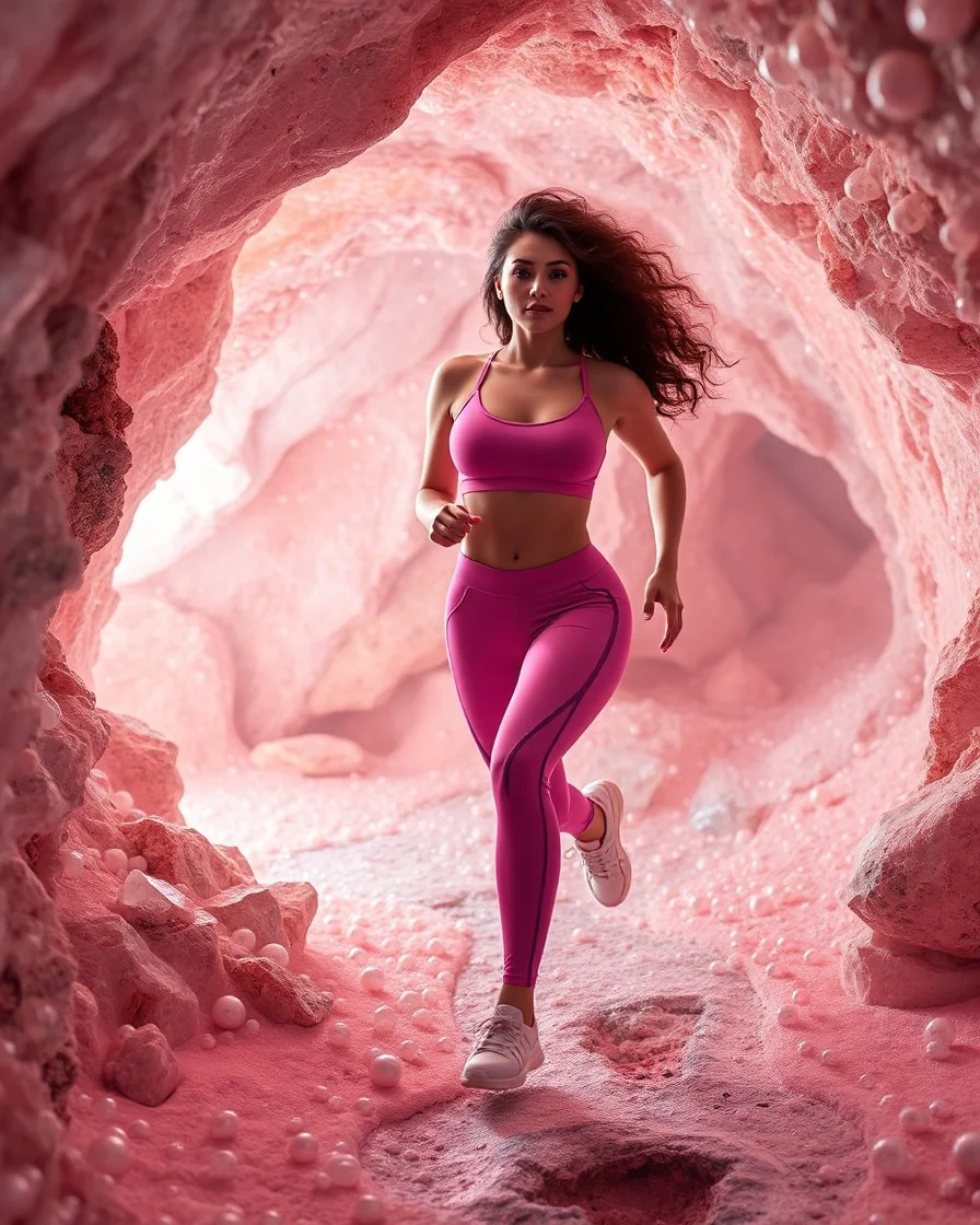 make a video pretty crystal cave covered with jwelary and 3d recursive cubic and sphere base pearls and a beautiful fashion model lady with cute,curvy hair,makeup, in pretty sports suit is running inside cave ,dynamic camera fallow her inside cave capturing full body, dynamic lights.