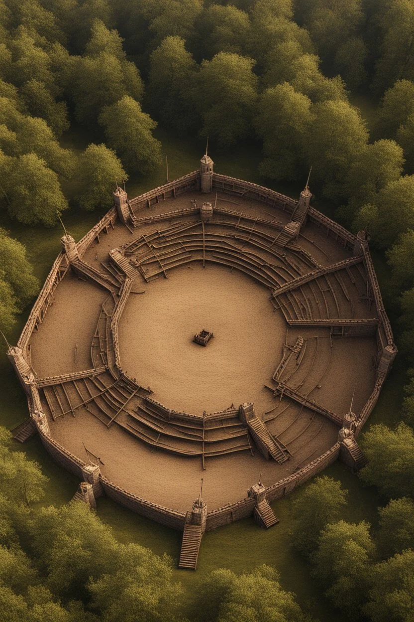 medieval fighting tournment arena into the woods from above