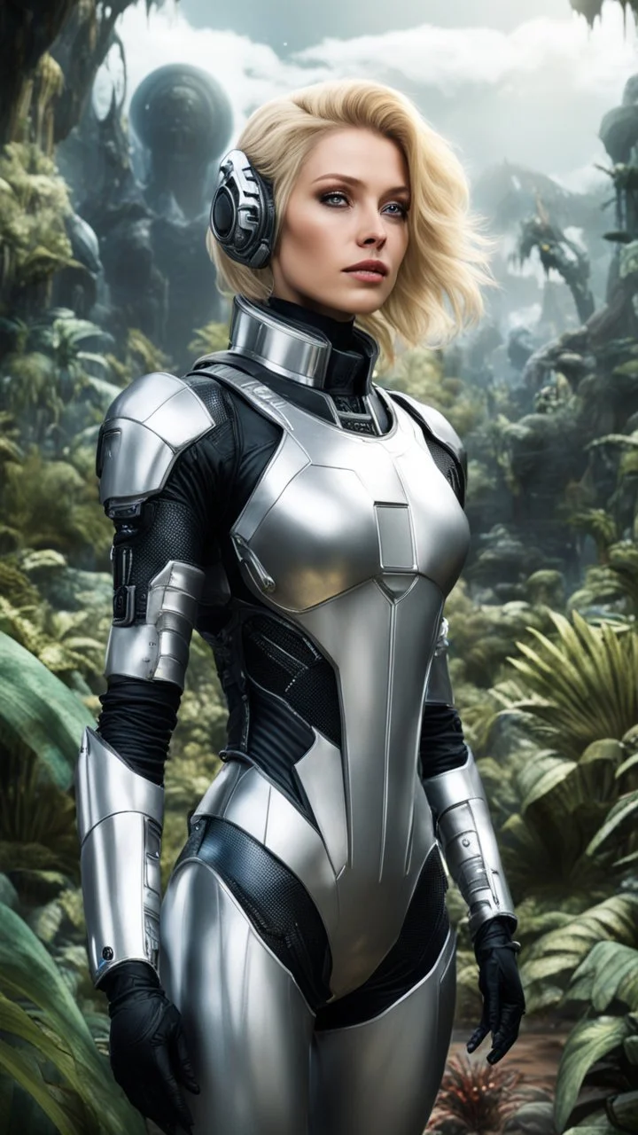 wide-angle Photo of a Sci-fi woman, with blond hair, wearing a silver and black spacesuit looking like an android, on an alien jungle planet