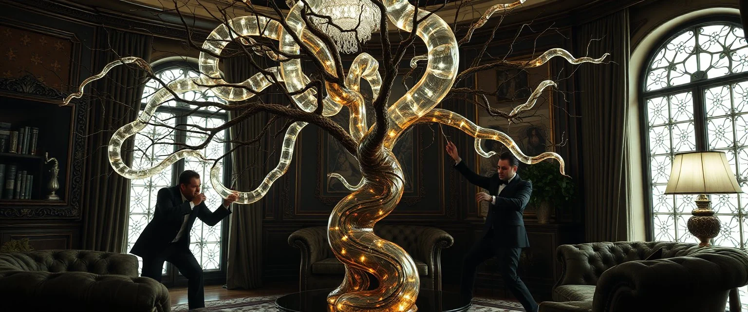 Some well dressed cult figures fighting to contain energy from floating chtonian glowing snakelike transparent moist tree made by twisted snakelike sticks creating weird geometric form in dramatic scene in luxury parlour in the style of Giger and Escher