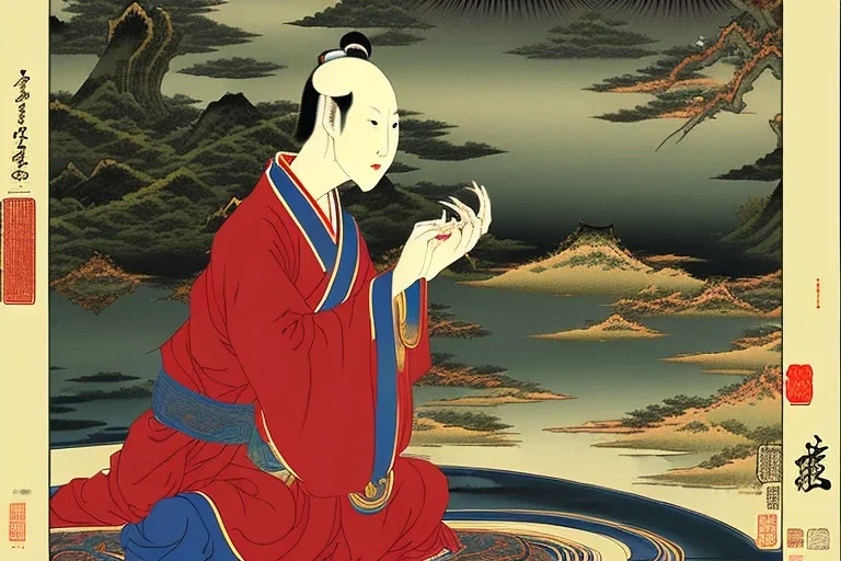 Master Lao Tze contemplates by the river, ukiyo-e