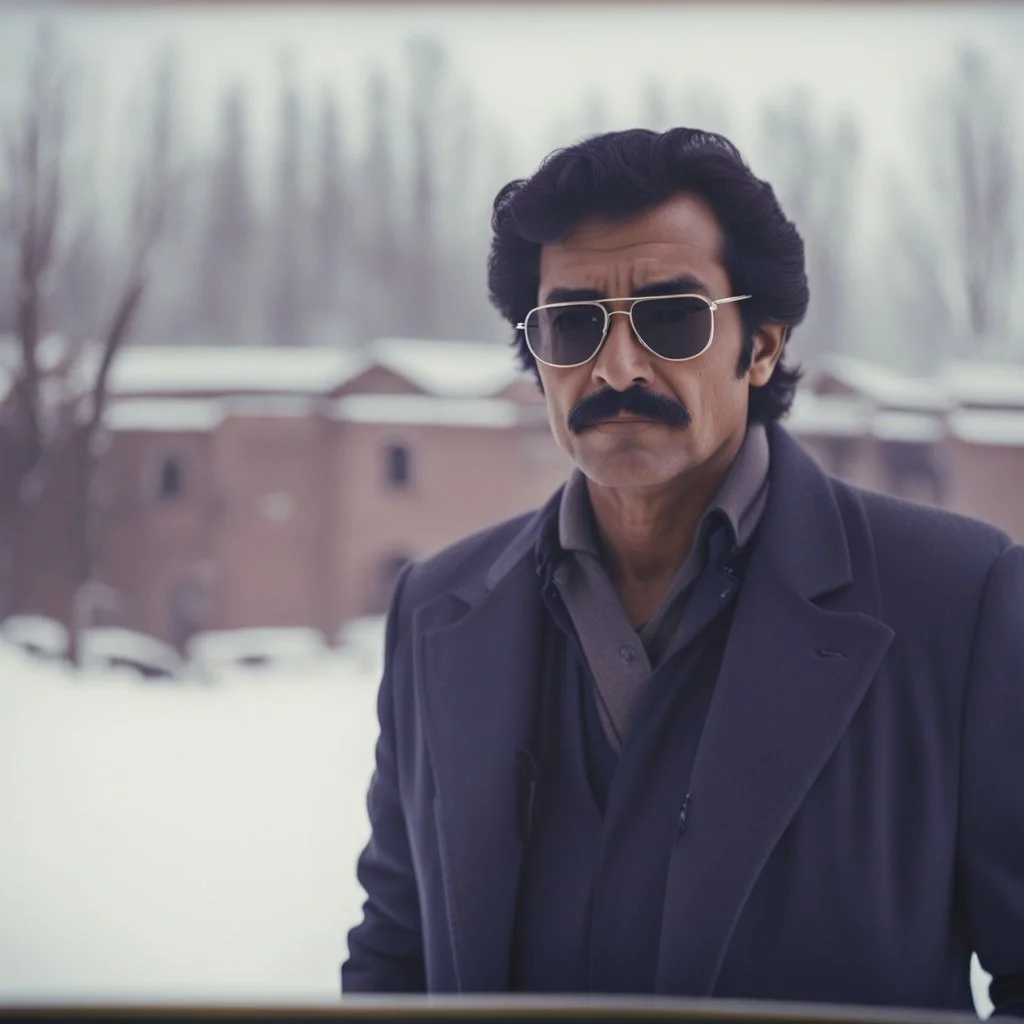 a man wearing sunglasses standing in the snow, price of persia movie, grainy footage, prison background, mustache, color grade, organ harvesting, man in adidas tracksuit, mahmud barzanji, frames, old wool suit, 8 0 s camera, thick mustache