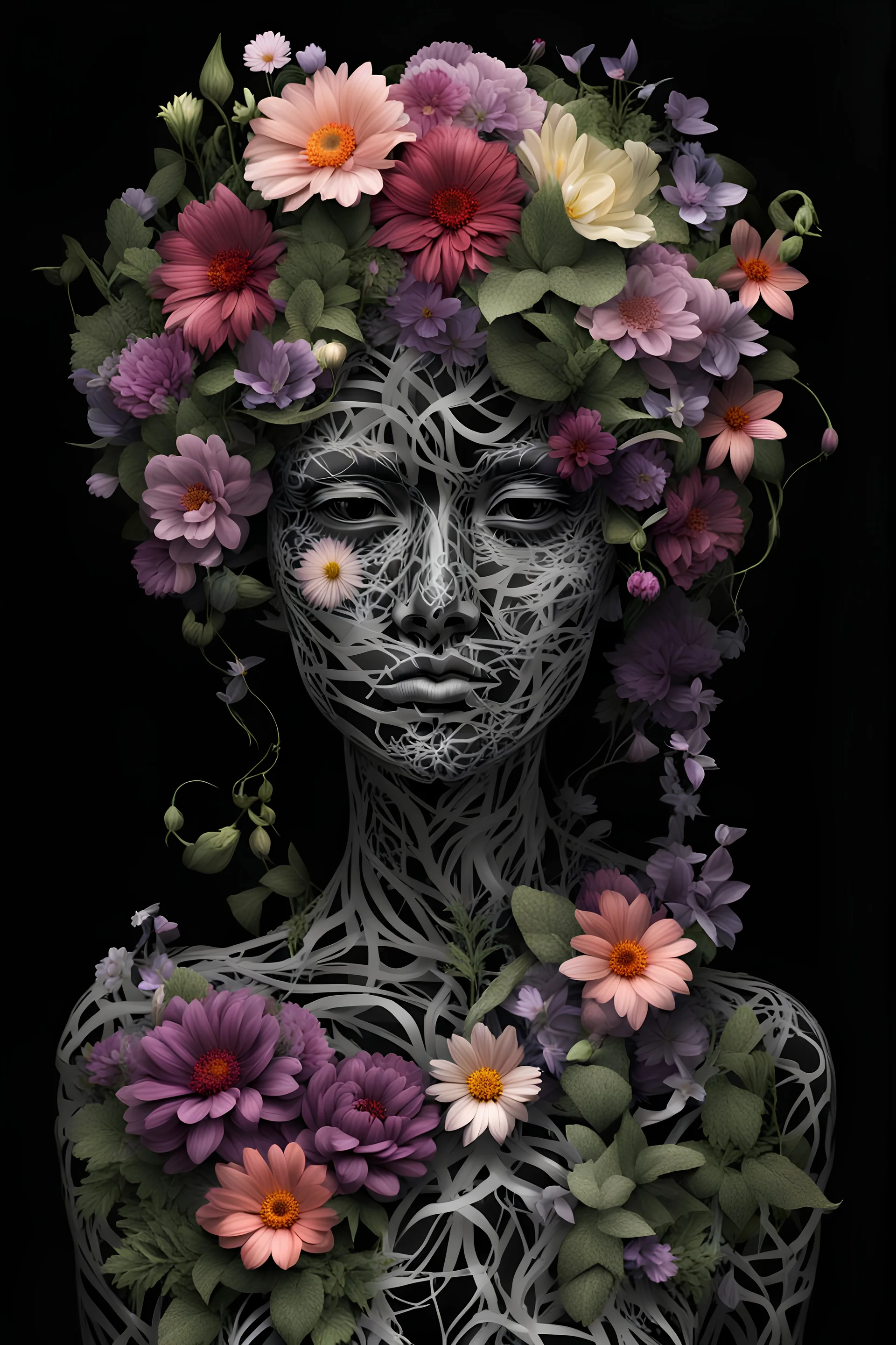 woman made of flowers and vines, x-ray style, black background