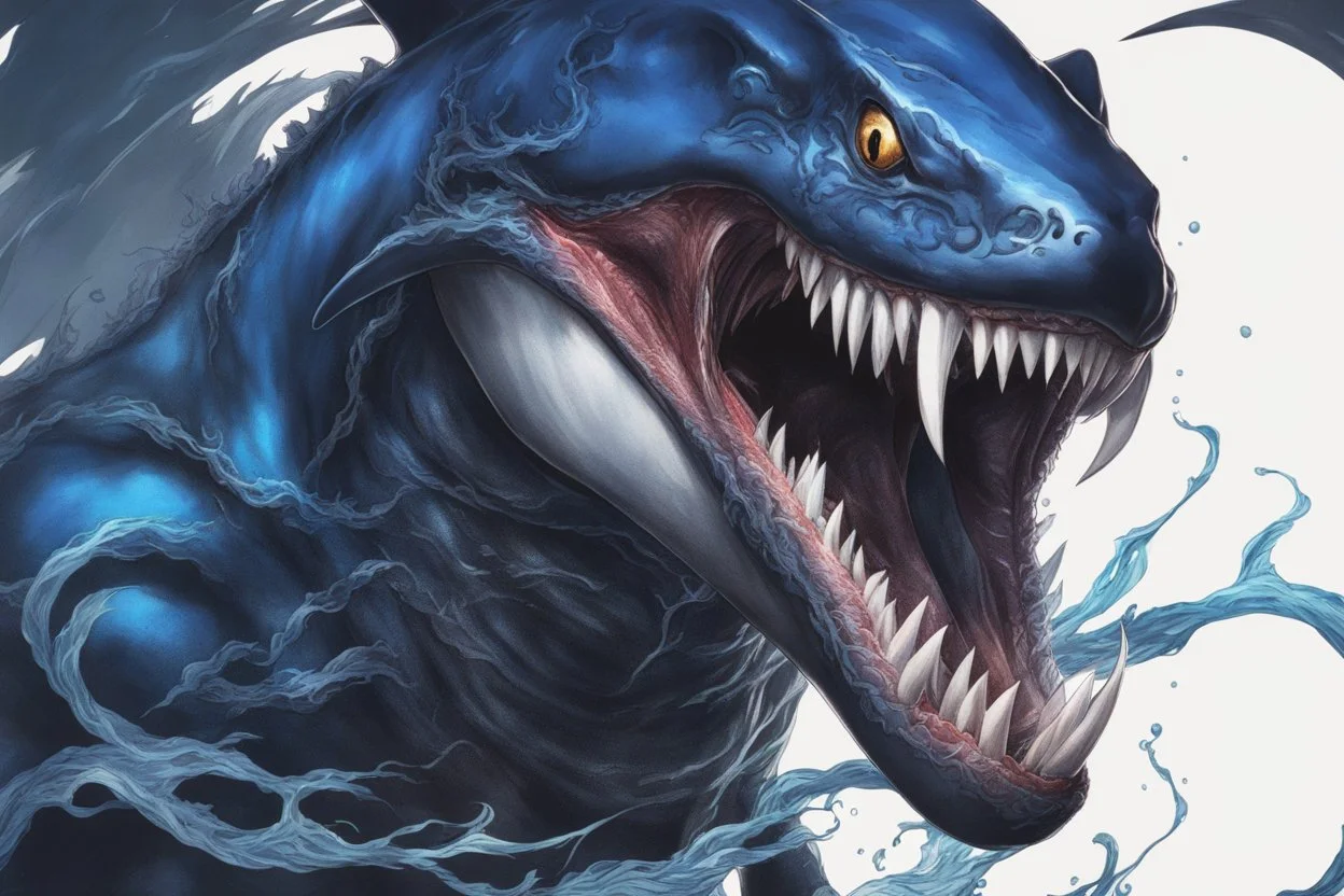 Huge venom in 8k solo leveling shadow drawing, shark effects, blue lights, sea, intricate details, highly detailed, high details, detailed portrait, masterpiece,ultra detailed, ultra quality