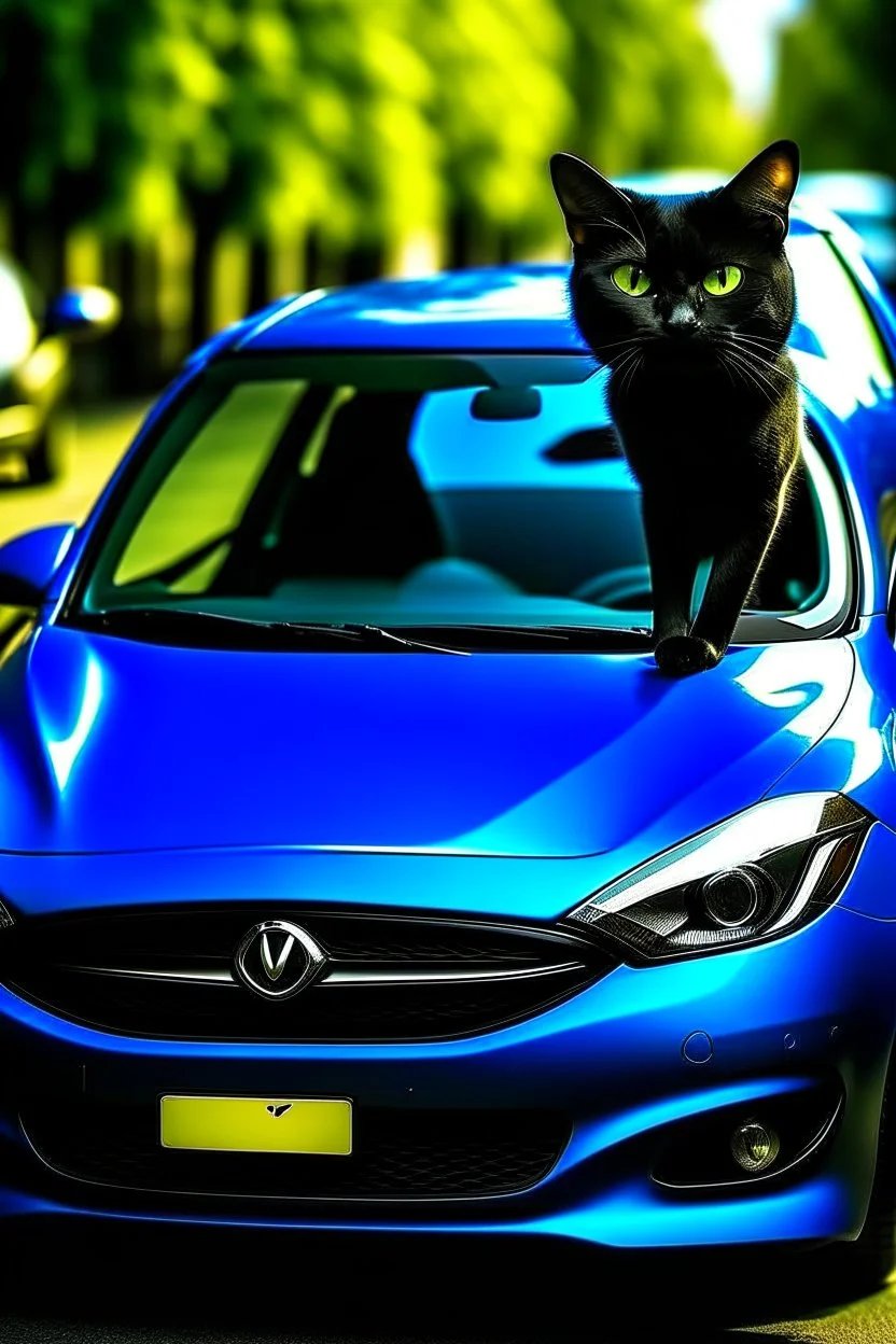 eine schwarze katze fährt einen blauen mazda 2 von 2016