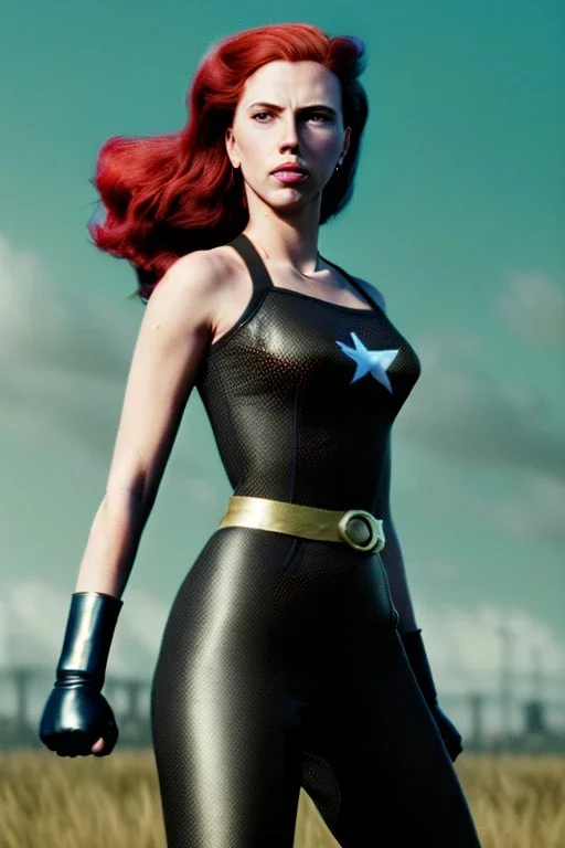 retro portrait image from 1960, sky background, wind, long red hair, fighting stance, sweet young Scarlett Johansson, black dress, classic long tight lycra black suit, gold bracelet and belt, high heel boots, superhero style, soft color, highly detailed, unreal engine 5, ray tracing, RTX, lumen lighting, ultra detail, volumetric lighting, 3d, finely drawn, high definition, high resolution.