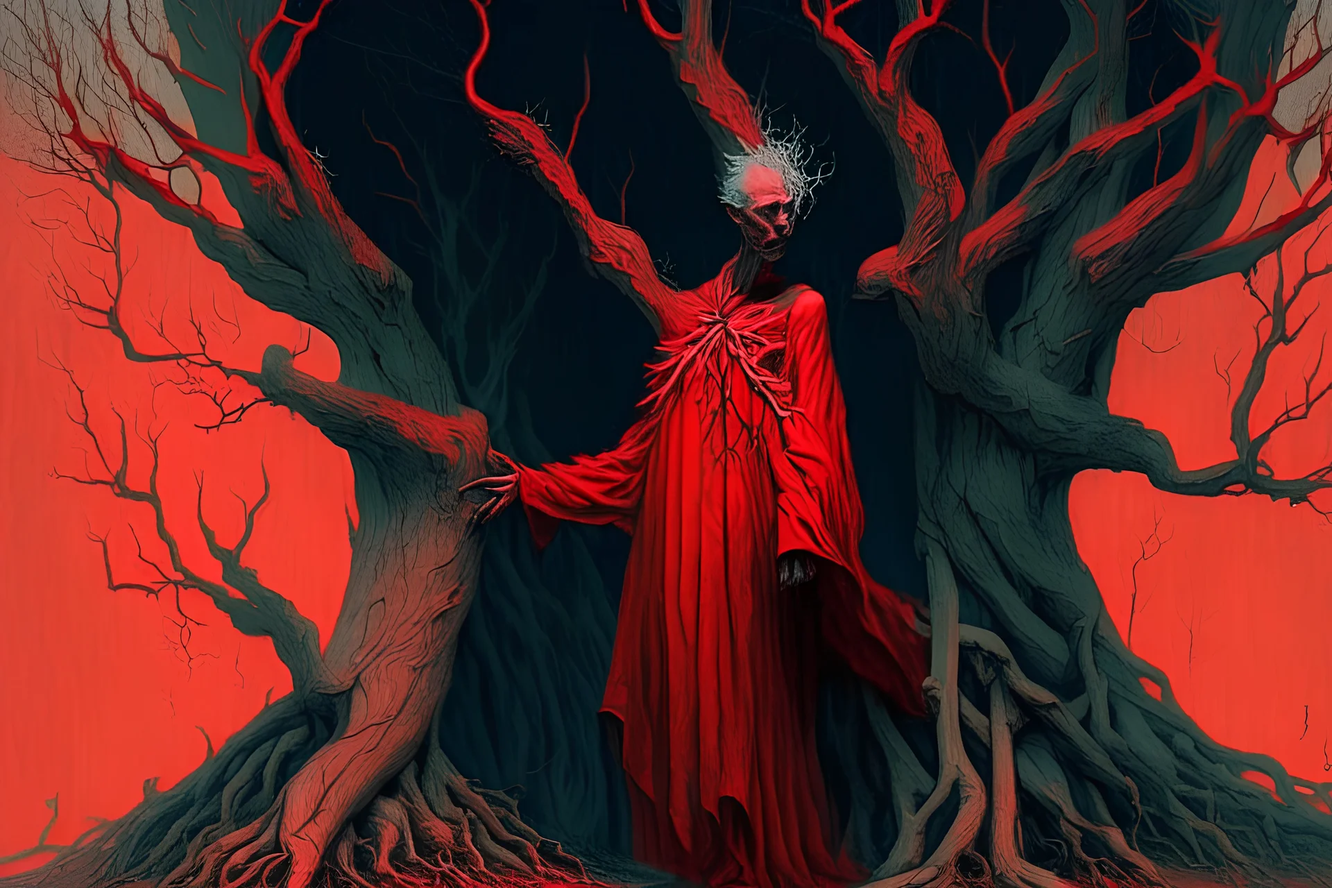 Dante is dressed in a red robe, there are more human bodies, the branches consist of arms, legs, their faces and body parts protrude from the tree trunks and writhe in agony, an eerie place.