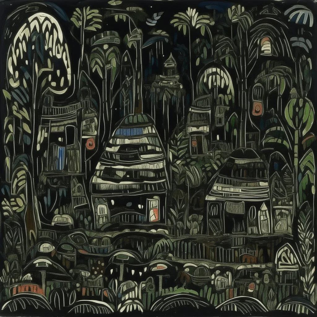 A brownish black savage jungle at nighttime designed in Chinese paper art painted by Jean Dubuffet