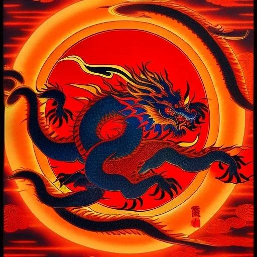 Ukiyo-e painting of a red dragon flying around a sun