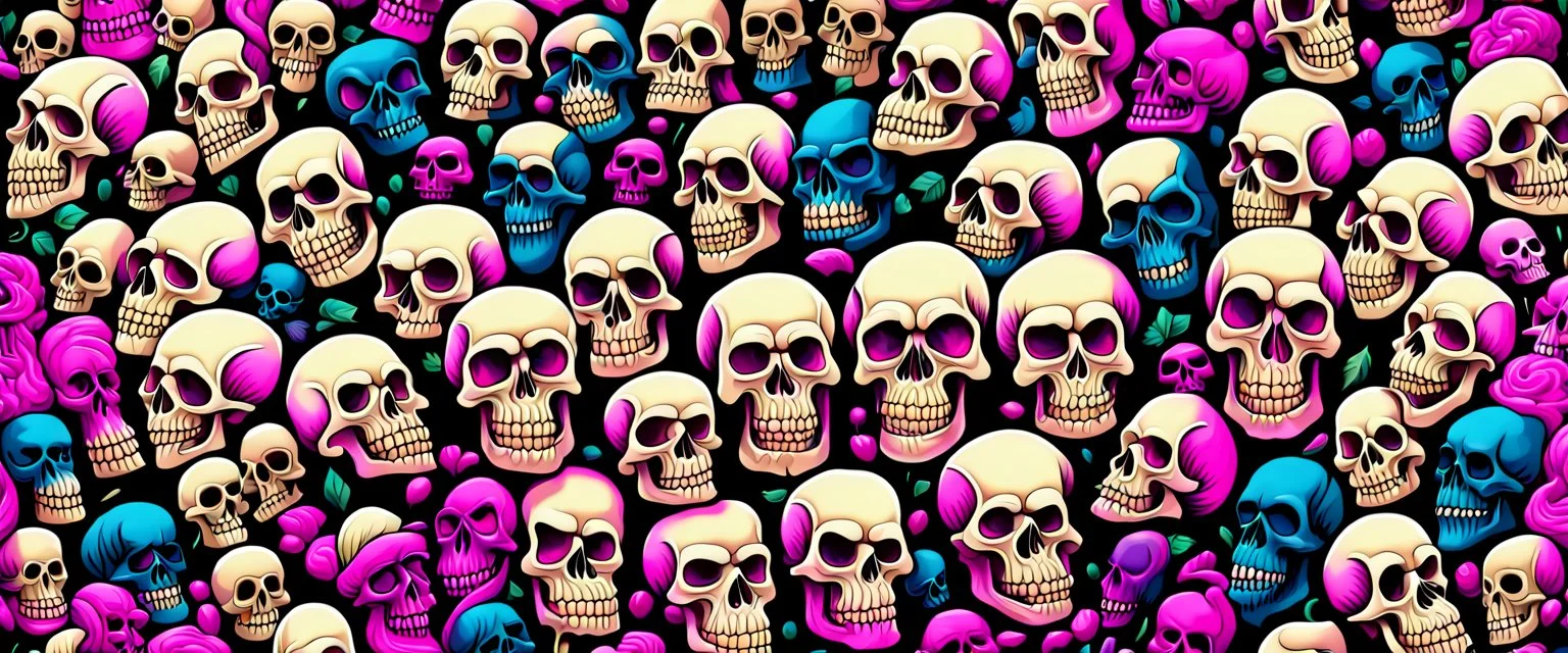 a field of 1000s of cartoonish, anatomically correct, skulls, vivid RANDOM BRIGHT neon colors, dark comedy, well lit, high detail, photorealistic, horrorcore, fun, scary, dead, 100% detail on all drawn, nothing partial or filler, by fictional tattoo artist