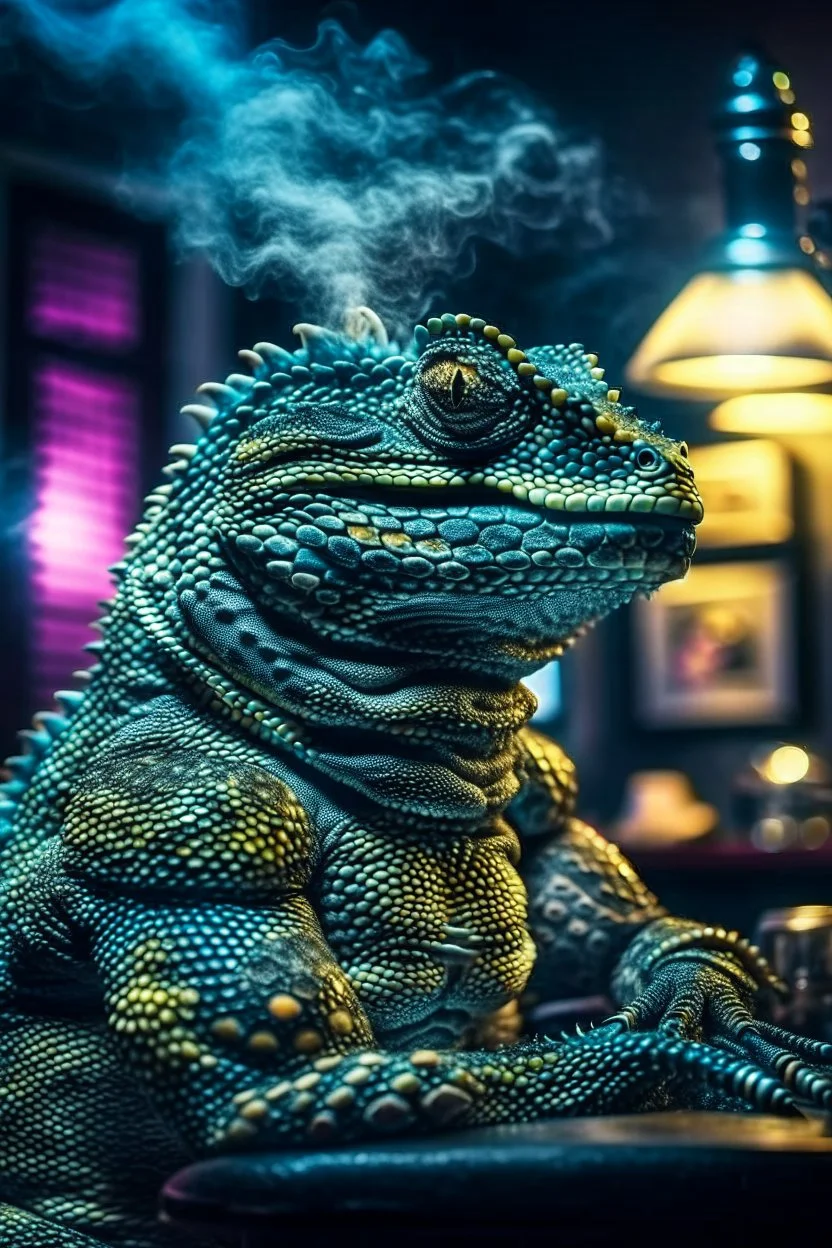 lizard spaceman with tattoo of a human, scary tattooist in high end parlor, smoke, mist, lightrays, depth of field, photography