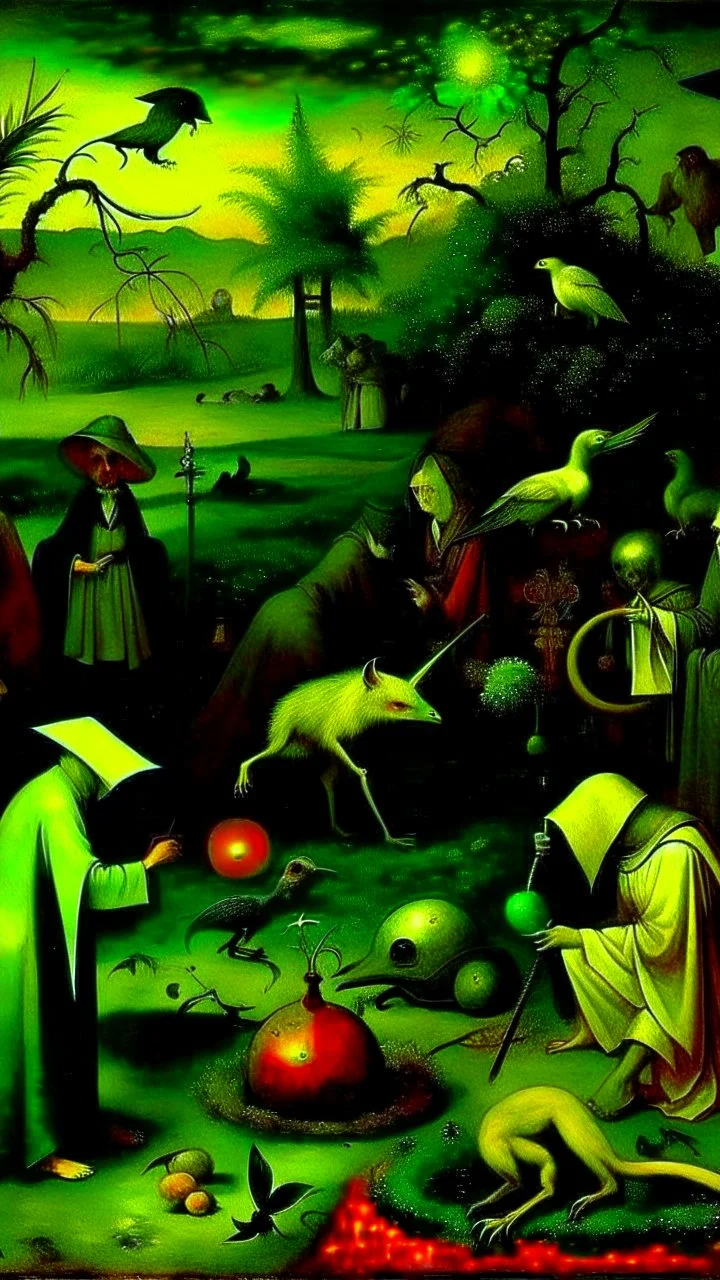 some mysterious figures, odd background, cinematic, Hieronymus Bosch, Max Ernst, vegetal life, rotten, ambient light, cry, ritual, surreal, animals