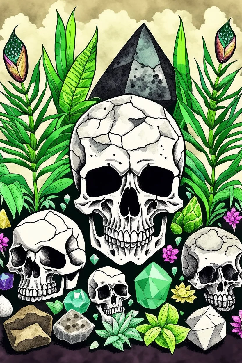 Gemstones, skull and house plants graphic