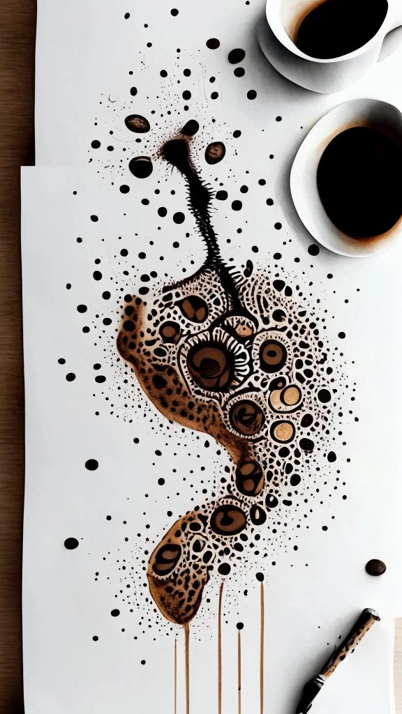 Tattoo on white paper, anatomical coffee, bright brown drawing, black paint strokes on background, large black strokes background, polka dot pattern