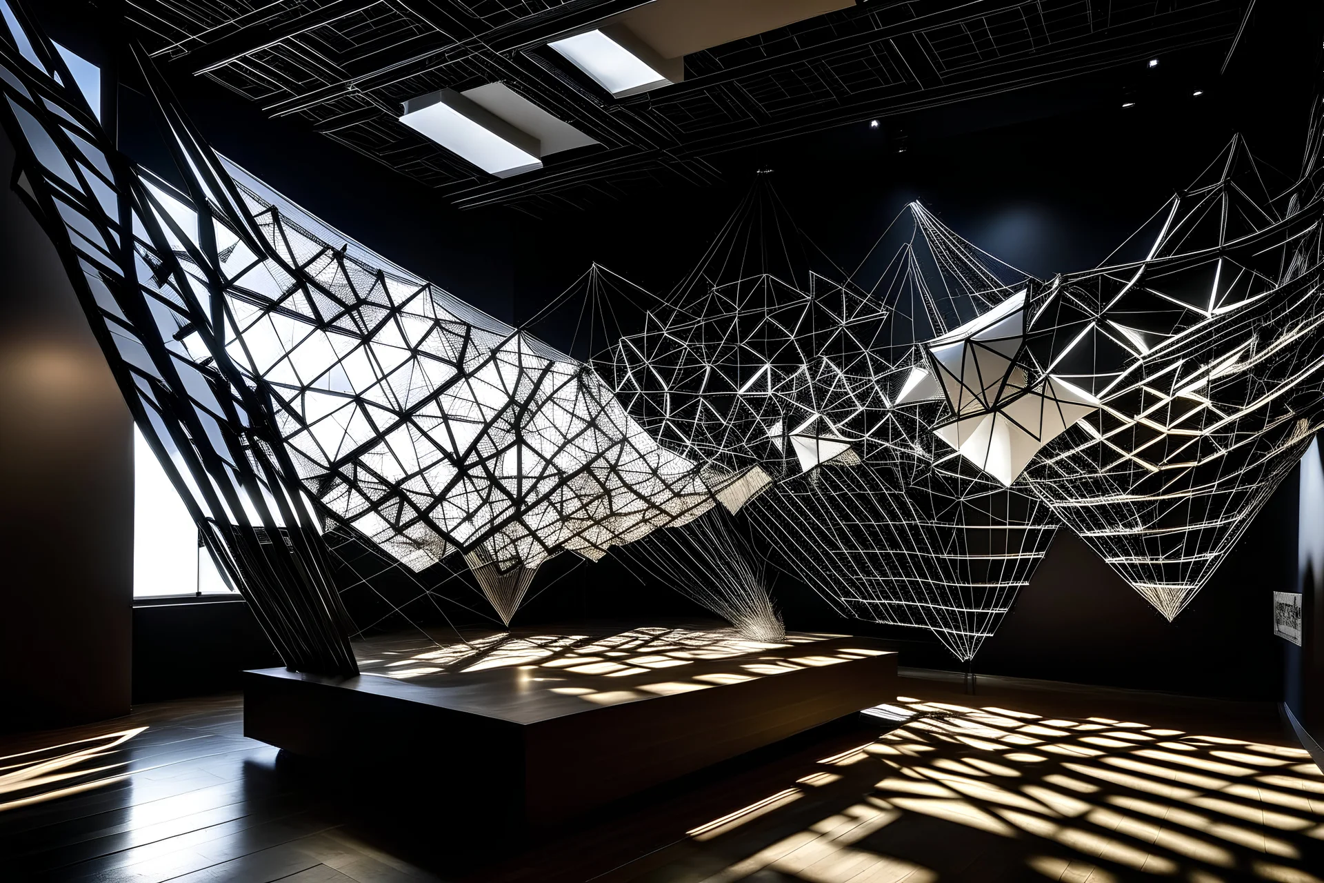 "Design a kinetic geometric installation that responds to environmental factors, such as wind or light, to create a dynamic visual effect.