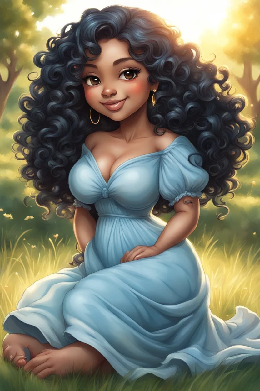 An airbrushed chibi black cartoon of a curvaceous woman with flowing of curly twisted of black hair that's highly detailed, wearing a light blue maxi dress. She sits relaxed on the grass facing the warm sunlight, which illuminates her face as she looks to the side with a small smile, accentuating her prominent makeup and brown eyes.