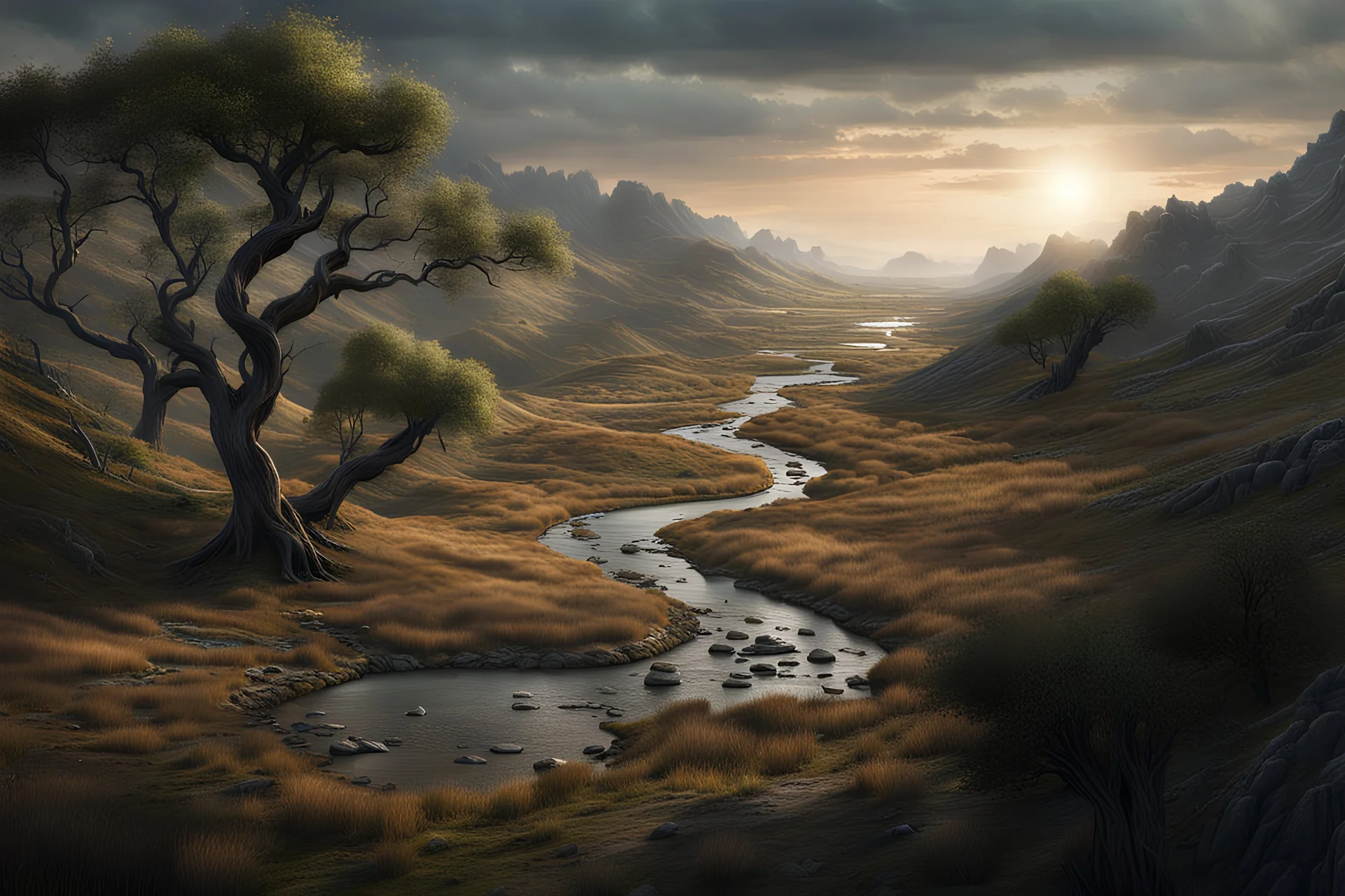 An image of a dried out creekbed meandering around some tree-covered hills. Medieval Fantasy, D&D, 8k HD, ultra-realistic. Medieval Fantasy, D&D, 8k HD, ultra-realistic.
