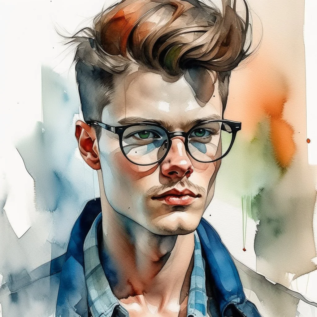 watercolour, large strokes, stylistic, portrait, illustration, dull colours, young, 20-something male, has a certain aura of confidence,sharp facial features, slick angular glasses.