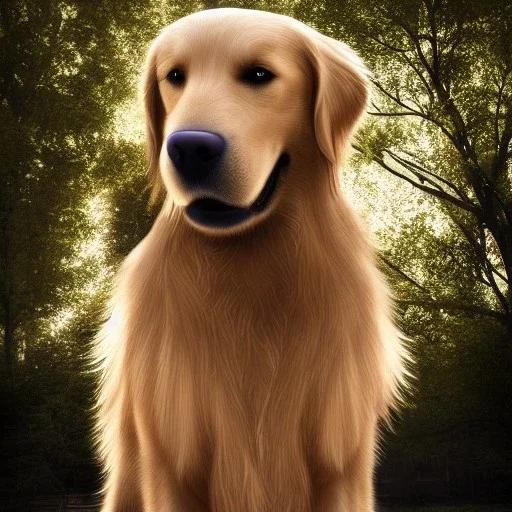 A golden retriever wearing a leather jacket standing in a park, dramatic, dramatic lighting, volumetric lighting, hyperrealism, 8k, high quality, photorealistic, lot of details