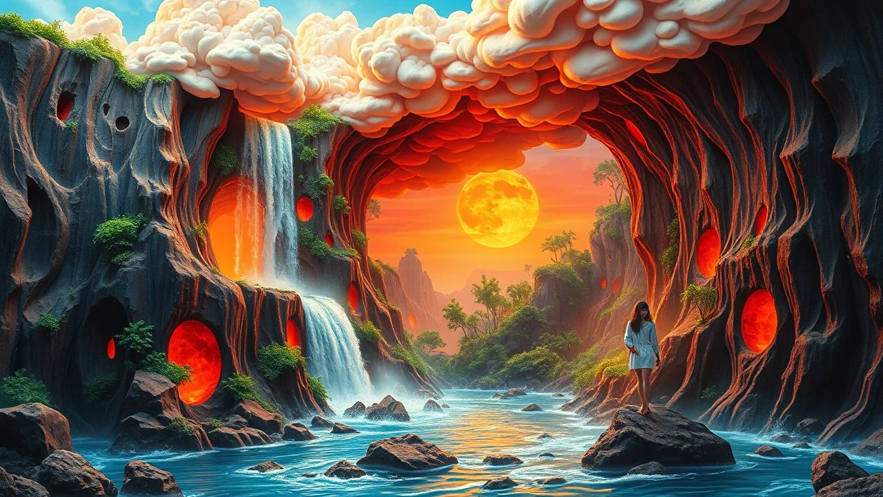 waterfall full of holes with various jungle flowing spiral cloud neon colorful Unique open cliff burning rippled surrealistic artwork with shiny shackled by cliff and sea island, while holding a waterfall doing pulling, the open cavity inside the body is a scene of an ancient Egyptian painting in the Gesang desert 5D diorama, with seven open panels revealing a forest with a thousand shadows, and fantasy triple exposure of a beautiful Balinese girl with magic breast milk and telepathic abilities