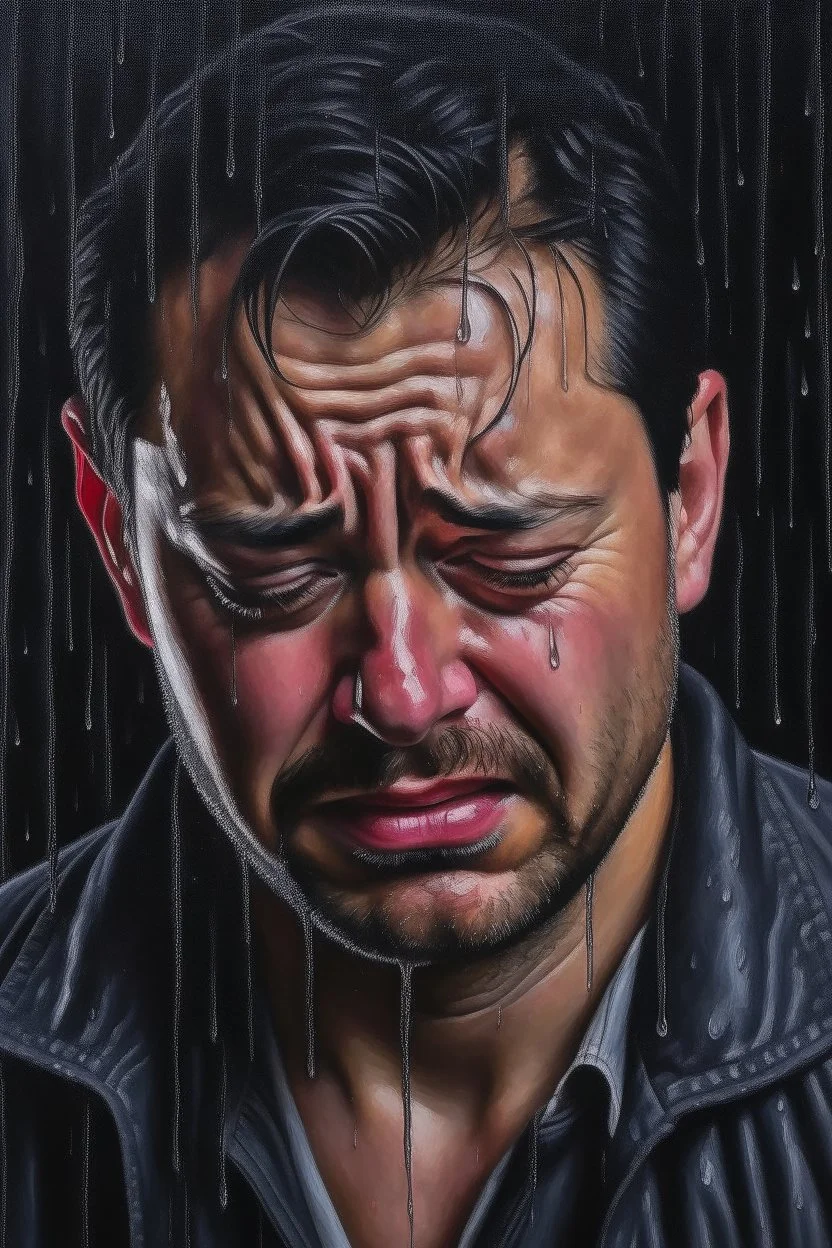 a man crying in rain oil painting