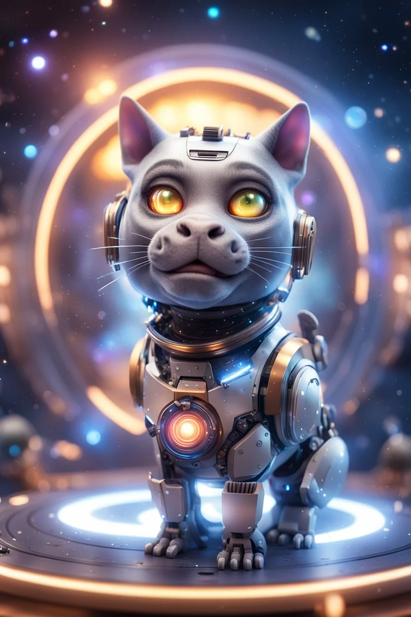 Robot hypnosis survivor at 1hit.no,book cover illustration, portrait of ultimate transcendent happy chat gremlin cat space hippo horse with spotlights, in front of space portal dimensional glittering device, bokeh like f/0.8, tilt-shift lens 8k, high detail, smooth render, down-light, unreal engine, prize winning