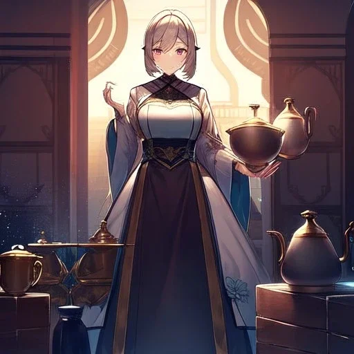 anime girl standing in the middle of a huge tea cup, tea cup is overflowing