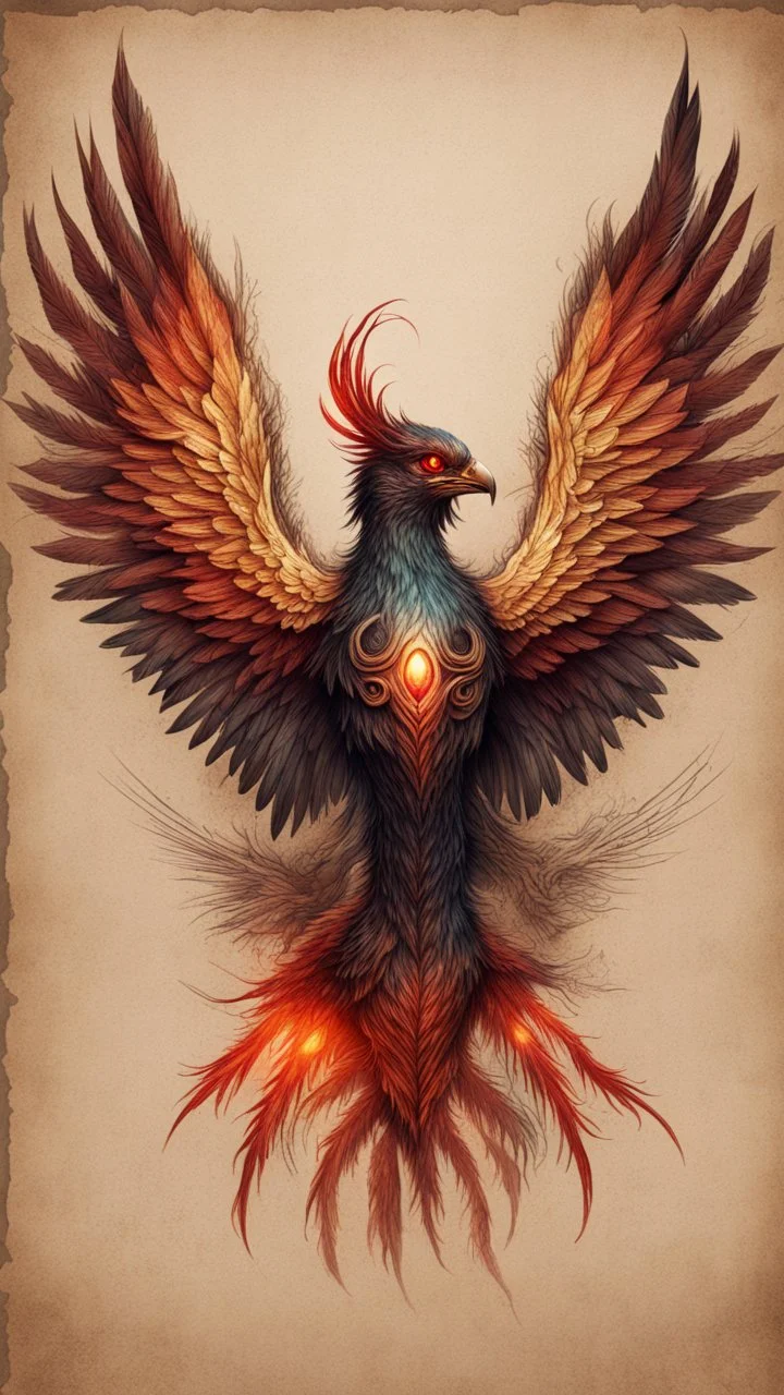 Hyper Realistic colored-sketch of Cyberpunk-Phoenix with glowing red eyes & golden-wings-&-feathers on a vintage-old-paper